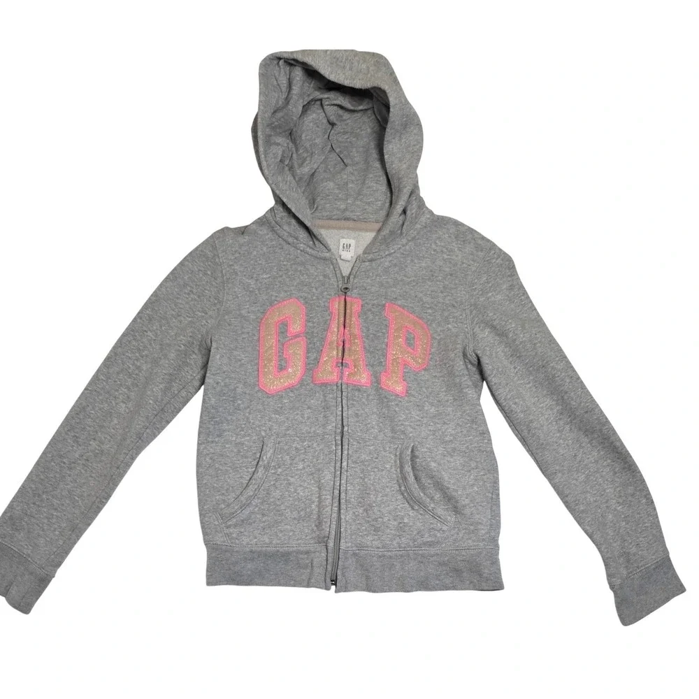 Gap Kids Girls‎ XXL 14-16 Heather Gray Pink Glitter Logo Full Zip Hoodie